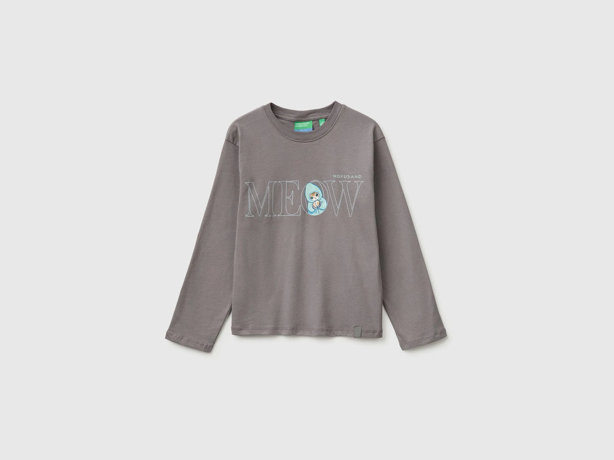 Benetton Gray Girls Mofusend 100% Cotton T-Shirt SKU: 3XUGC10UK_39R Image 01