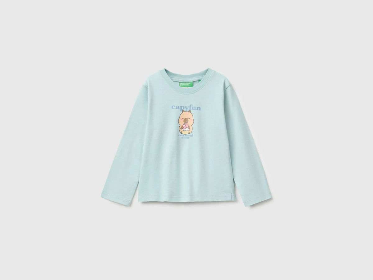 Benetton Aqua Girls Capyfun Capybara T-Shirt 100% Cotton SKU: 3XUGG10NS_31A Image 01