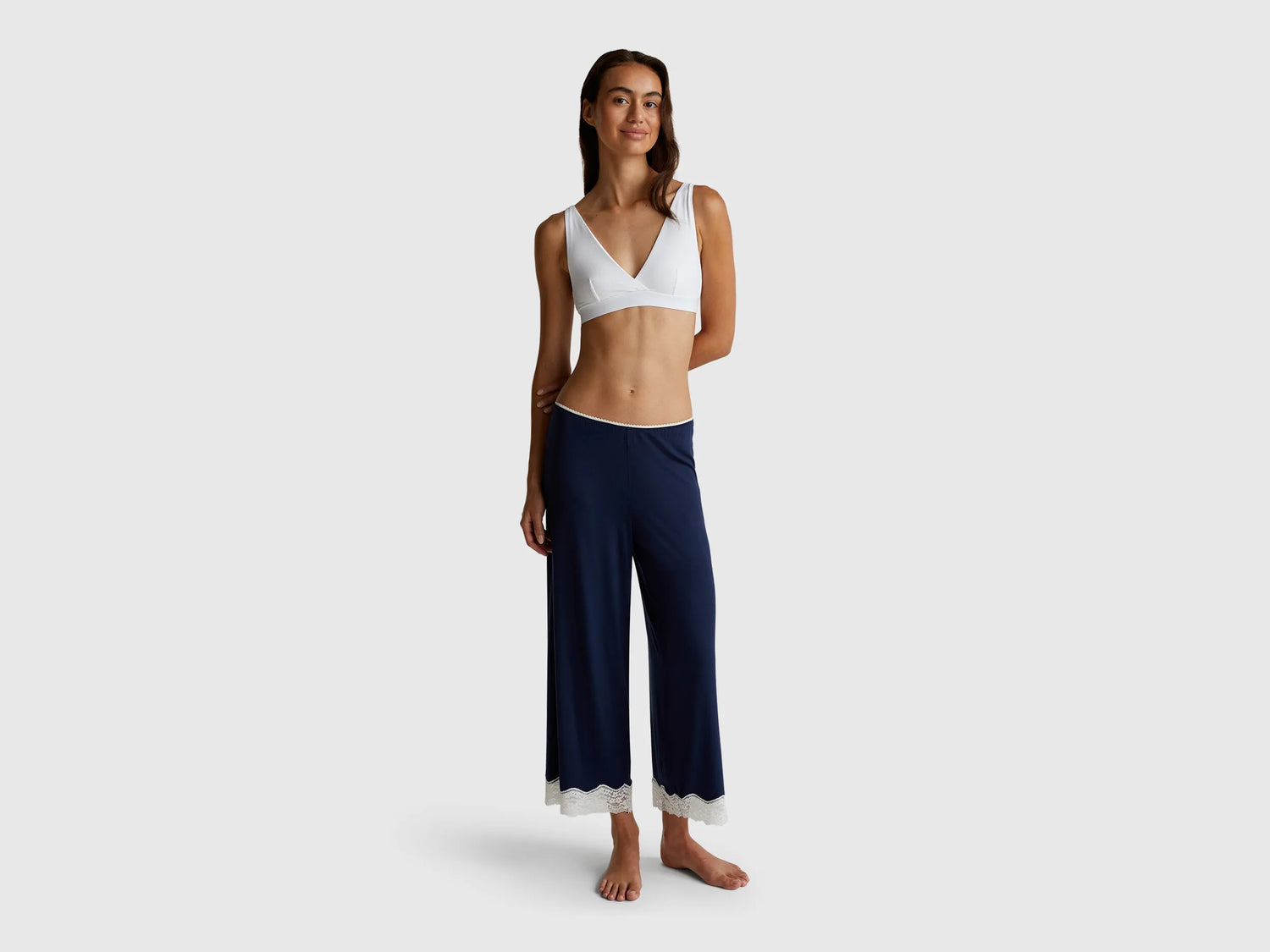 Benetton Dark Blue Women Flowy 3/4 Trousers with Lace SKU: 3Z123F370_13C Image 01