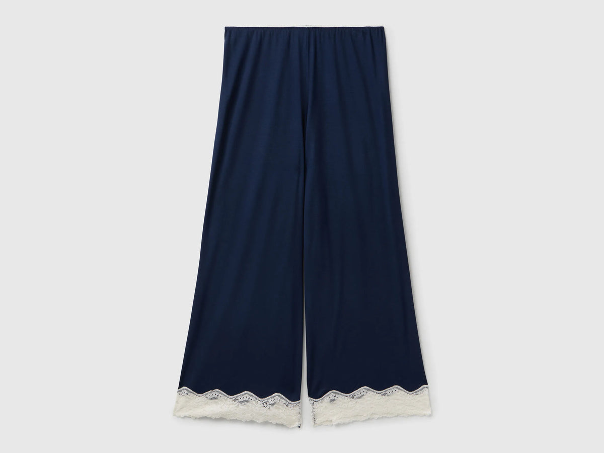 Benetton Dark Blue Women Flowy 3/4 Trousers with Lace SKU: 3Z123F370_13C Image 05
