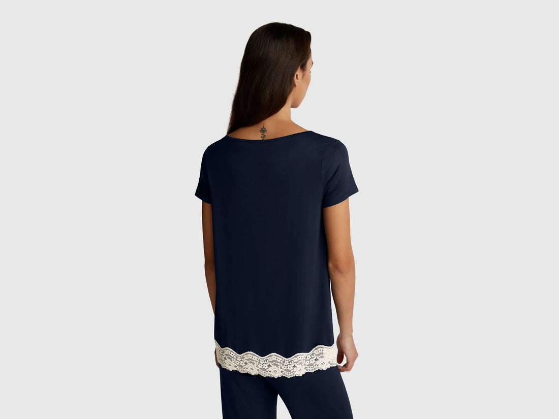 Benetton Dark Blue Women Short Sleeve Top with Lace SKU: 3Z123M314_13C Image 02