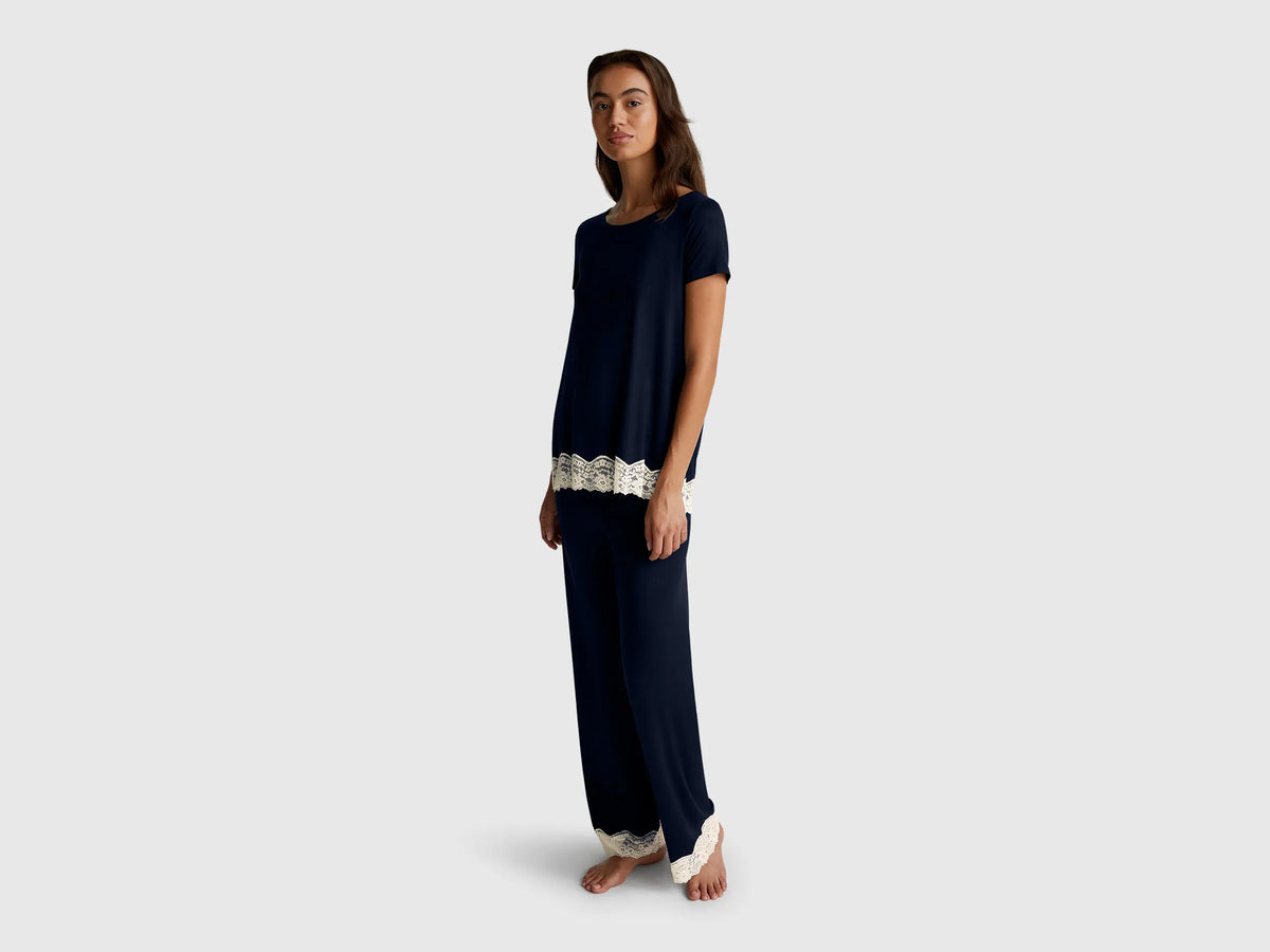 Benetton Dark Blue Women Short Sleeve Top with Lace SKU: 3Z123M314_13C Image 03