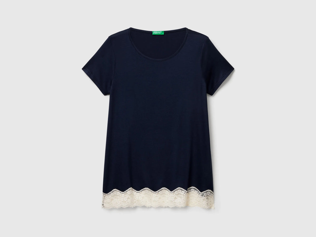 Benetton Dark Blue Women Short Sleeve Top with Lace SKU: 3Z123M314_13C Image 05