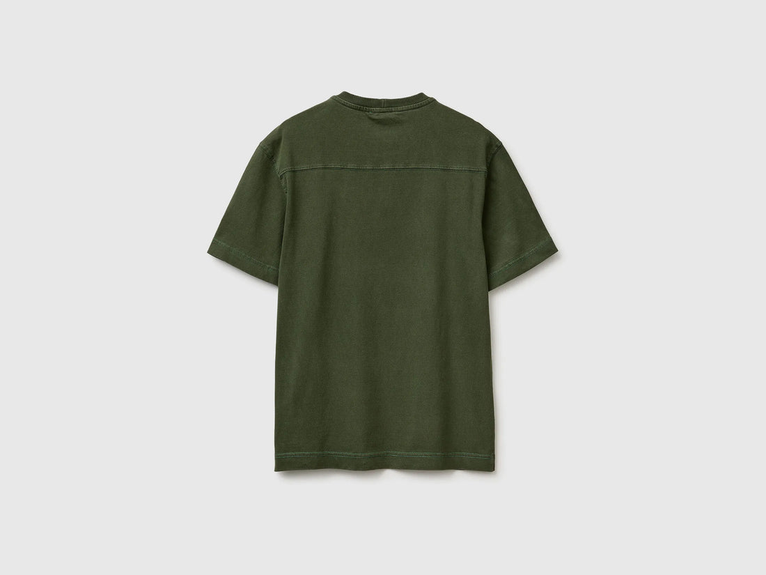 Benetton Military Green Men Pigment Dyed T-Shirt SKU: 3ZITU1098_6P8 Image 02