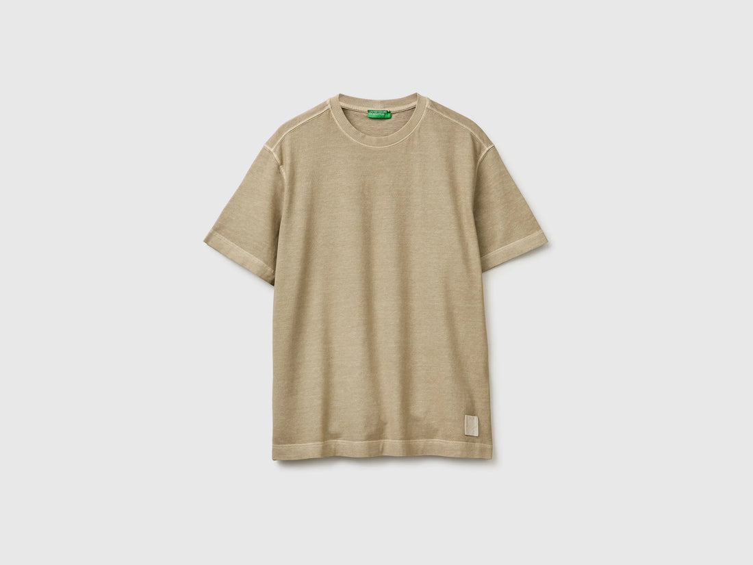 Benetton Creamy White Men Pigment Dyed T-Shirt SKU: 3ZITU1098_6R2 Image 01