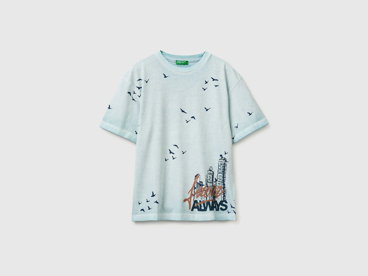 Benetton Light Blue Boys Oversized T-Shirt with Print SKU: 3ZRXC10SL_901 Image 01