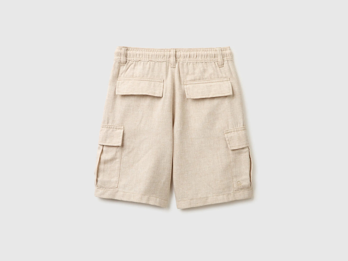 Benetton Beige Boys Linen Blend Cargo Bermuda Shorts SKU: 40G8C904J_902 Image 02