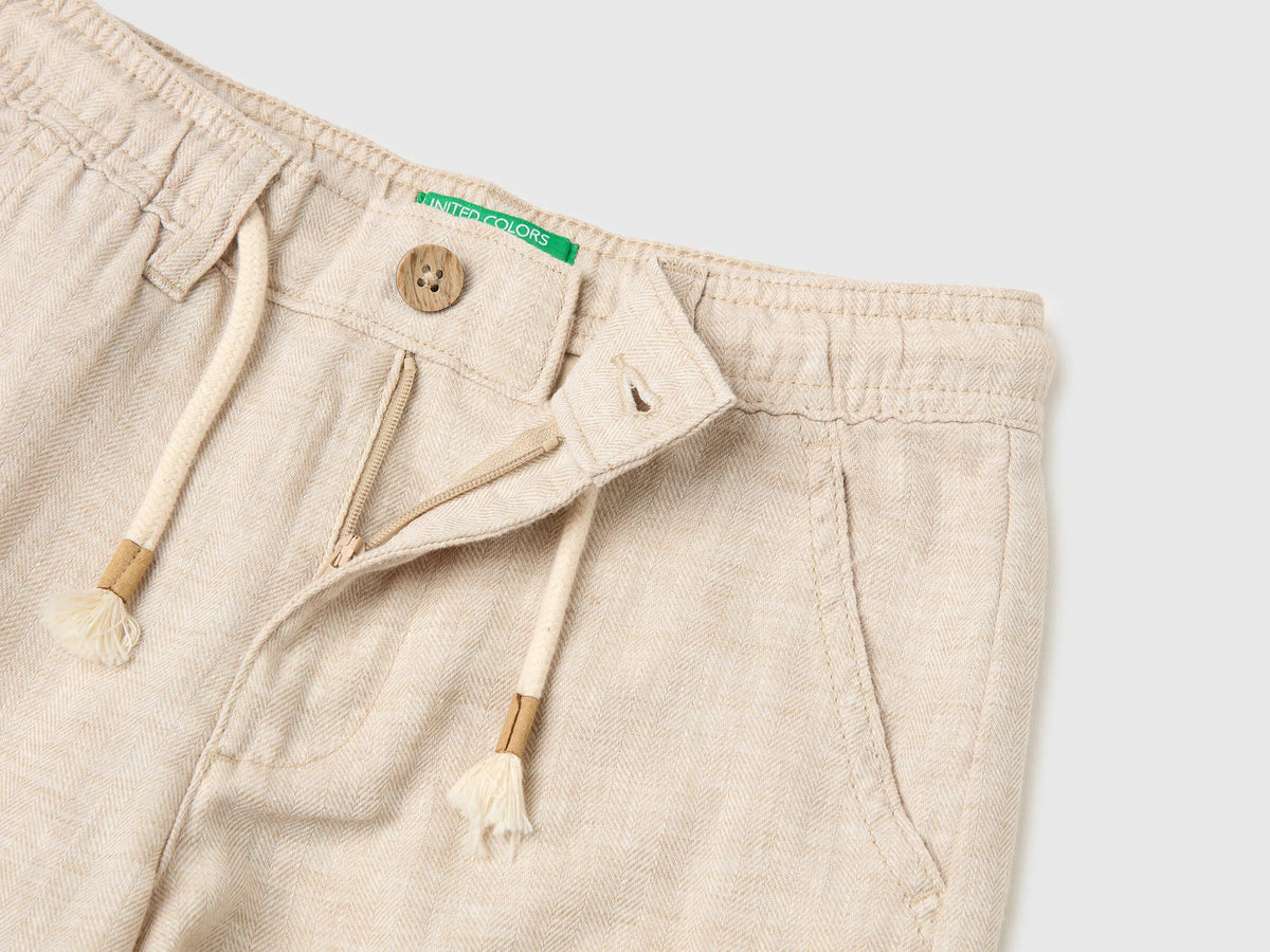 Benetton Beige Boys Linen Blend Cargo Bermuda Shorts SKU: 40G8C904J_902 Image 03