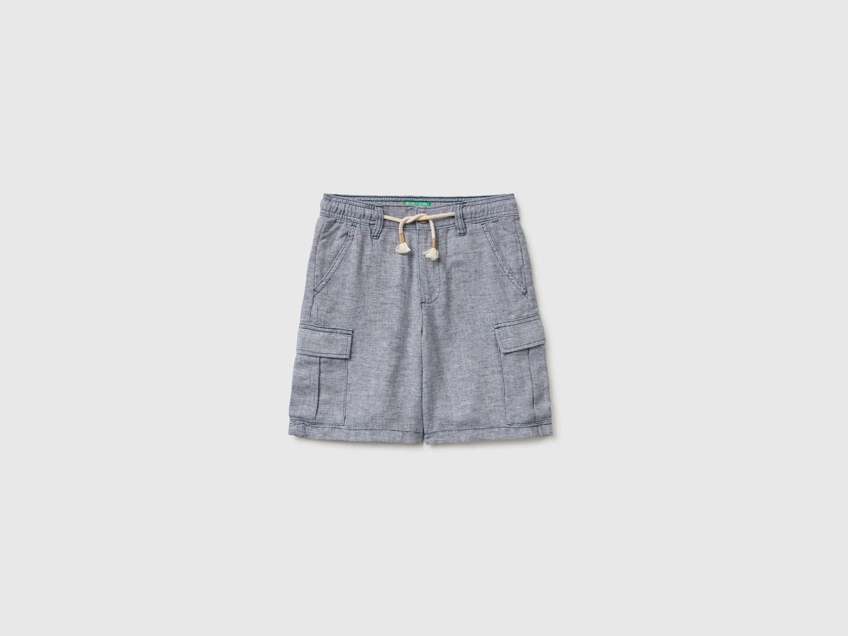 Benetton Dark blue Boys Linen Blend Cargo Bermuda Shorts SKU: 40G8C904J_903 Image 01