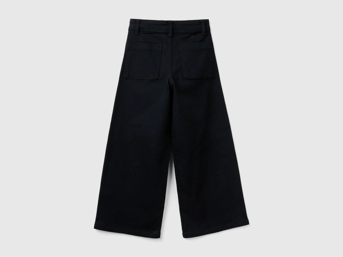 Benetton Black Girls Wide Trousers in Stretch Cotton SKU: 41HQCF03K_100 Image 02