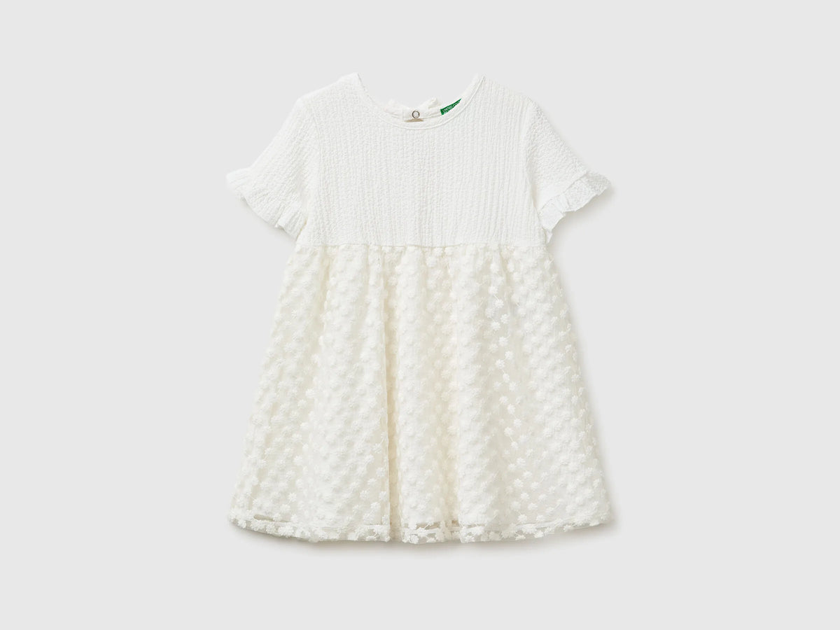 Benetton Creamy White Girls Dress with Little Flowers SKU: 41PTGV02Q_074 Image 01