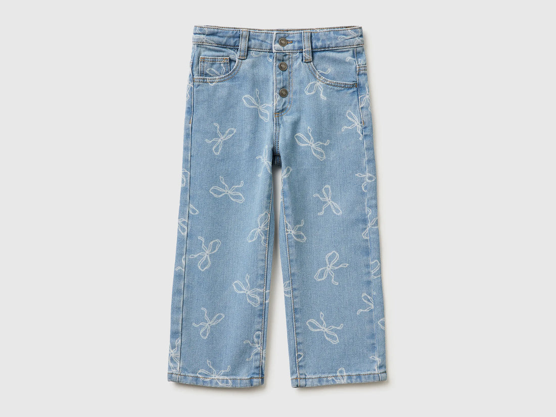 Benetton Light Blue Girls Slim Fit Jeans with Bow Print SKU: 42HVGE02Z_61Y Image 01