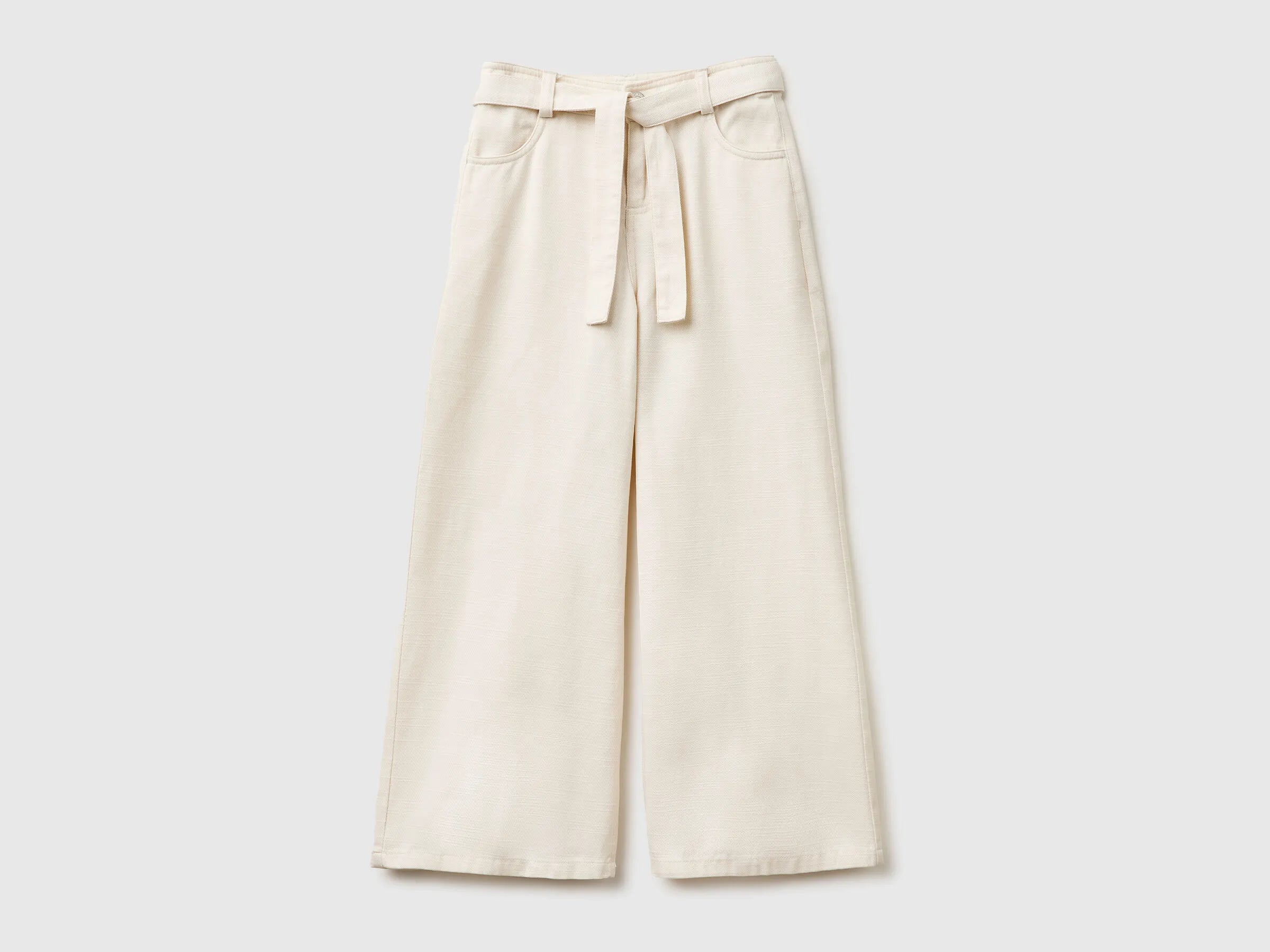 Benetton Creamy White Girls Wide Fit Trousers with Sash SKU: 42KQCF05J_00E Image 01
