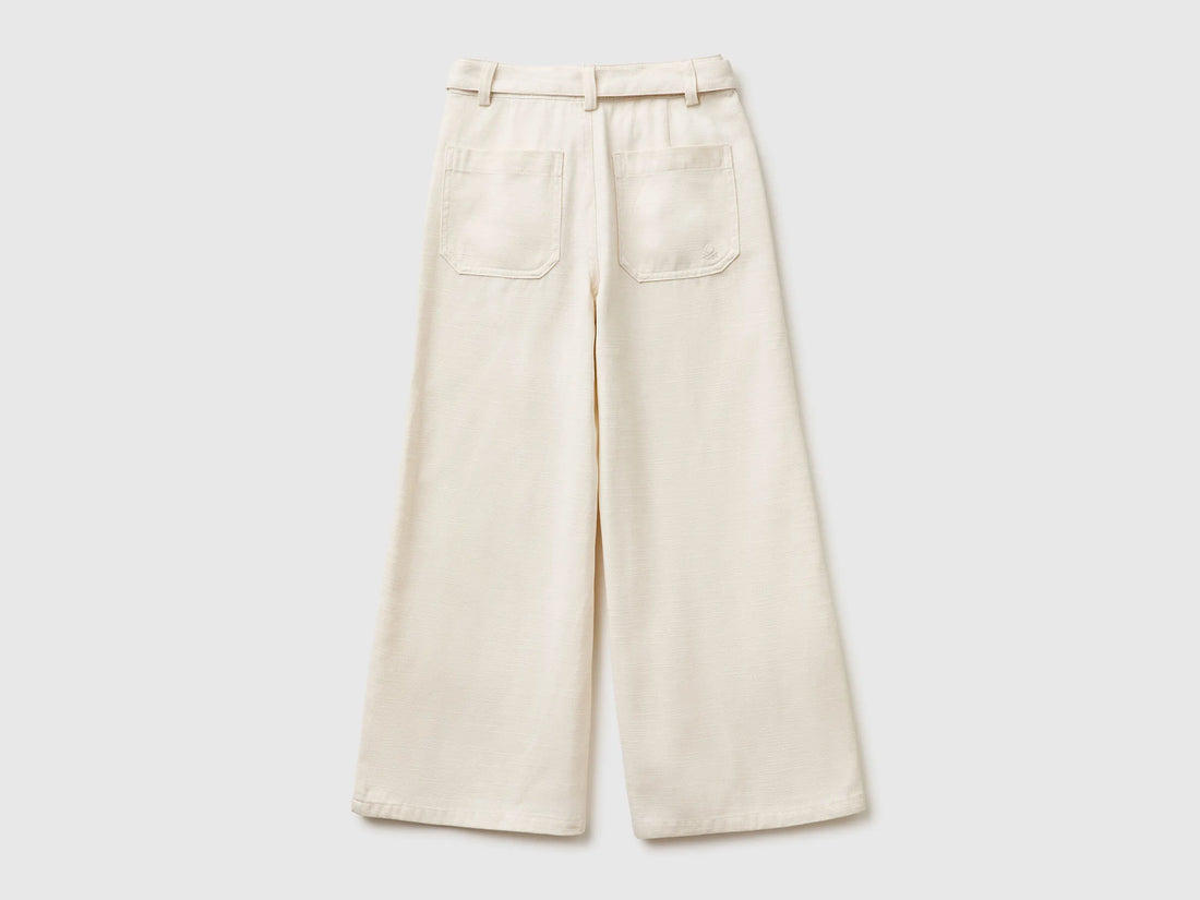 Benetton Creamy White Girls Wide Fit Trousers with Sash SKU: 42KQCF05J_00E Image 02