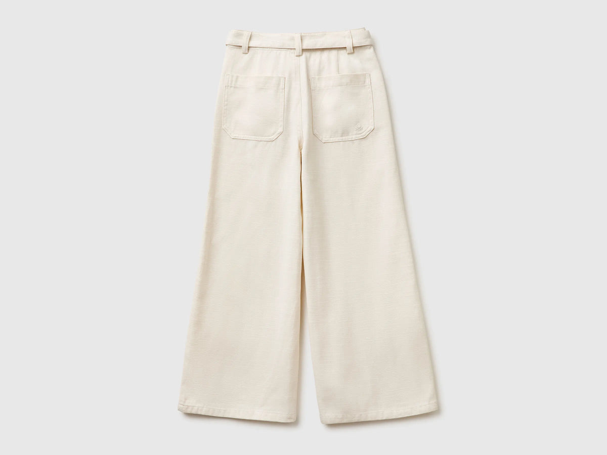 Benetton Creamy White Girls Wide Fit Trousers with Sash SKU: 42KQCF05J_00E Image 02
