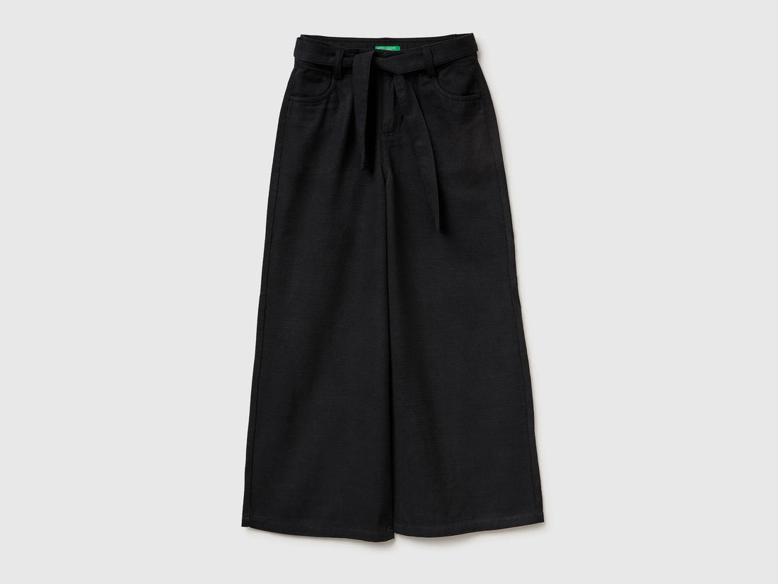 Benetton Black Girls Wide Fit Trousers with Sash SKU: 42KQCF05J_100 Image 01