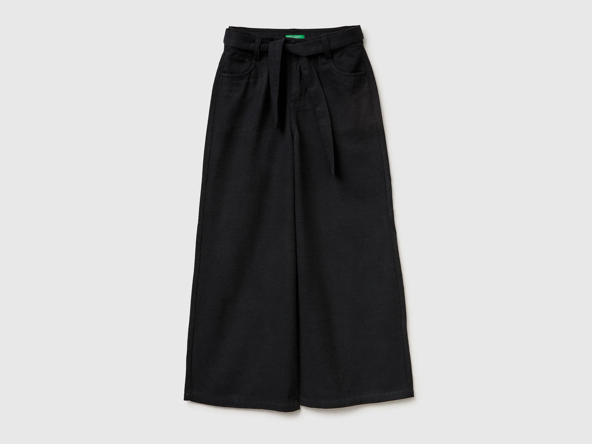 Benetton Black Girls Wide Fit Trousers with Sash SKU: 42KQCF05J_100 Image 01
