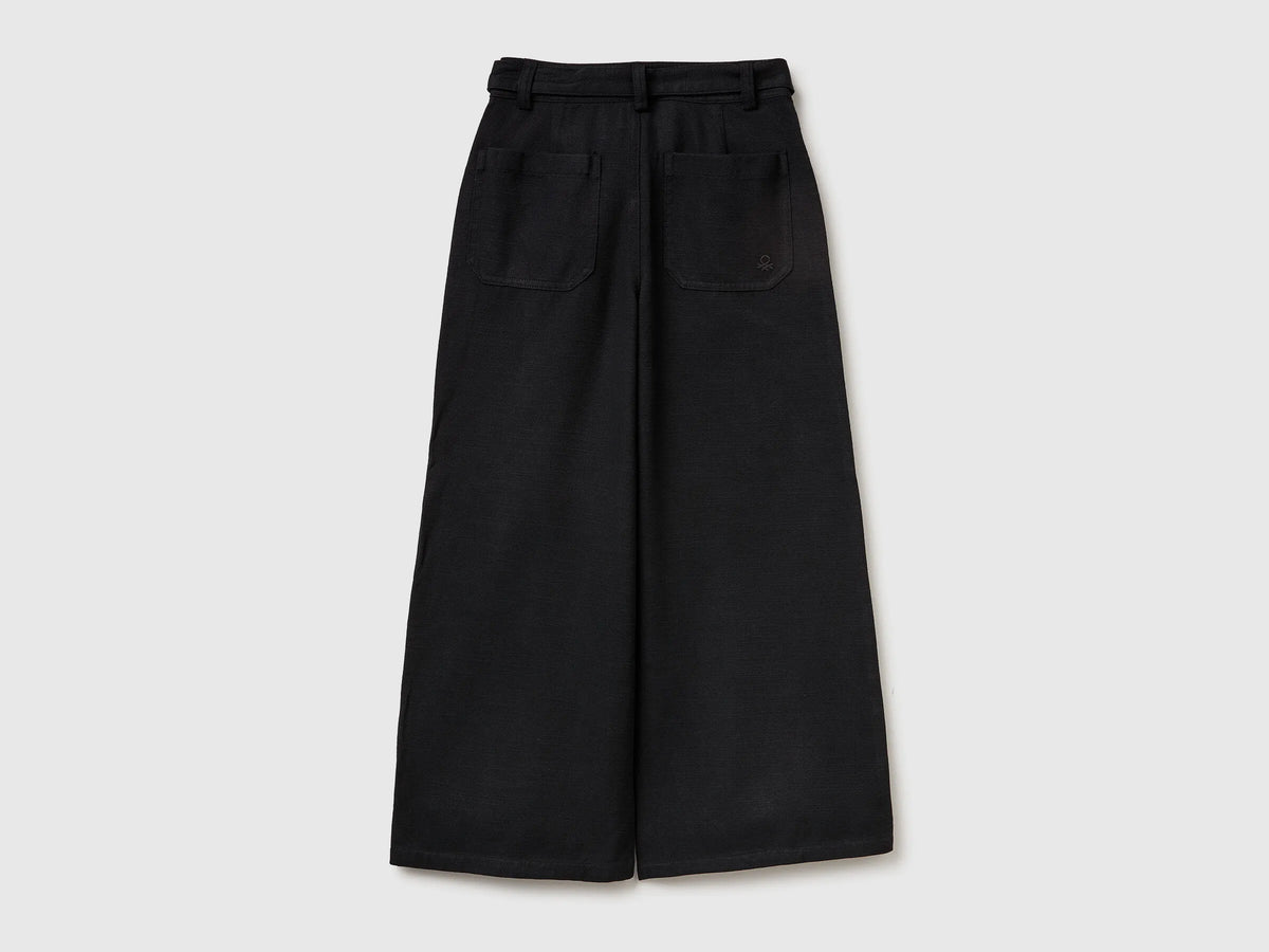Benetton Black Girls Wide Fit Trousers with Sash SKU: 42KQCF05J_100 Image 02
