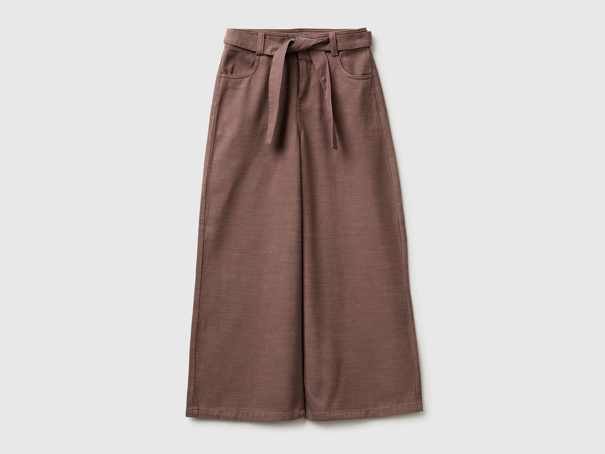 Benetton Brown Girls Wide Fit Trousers with Sash SKU: 42KQCF05J_24R Image 01