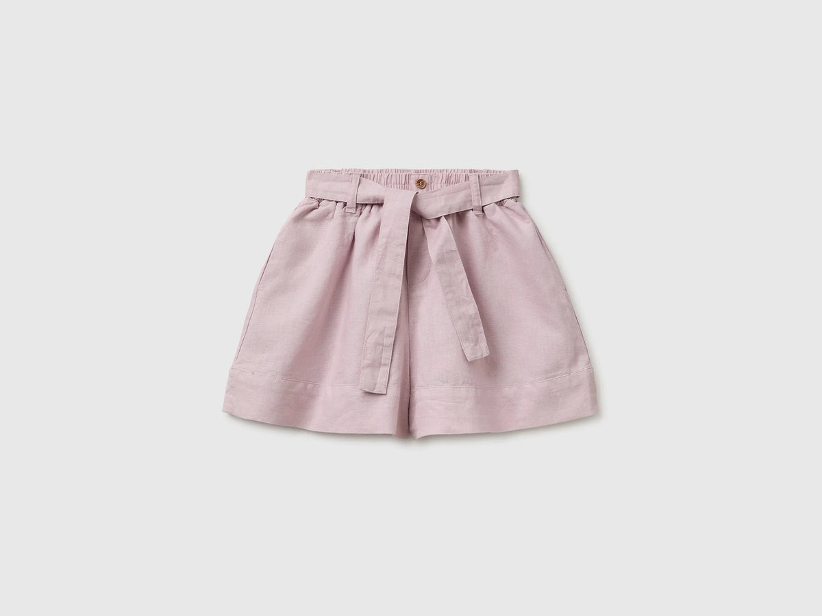 Benetton Pink Girls Linen Blend Shorts with Sash SKU: 43WBC904H_0C3 Image 01