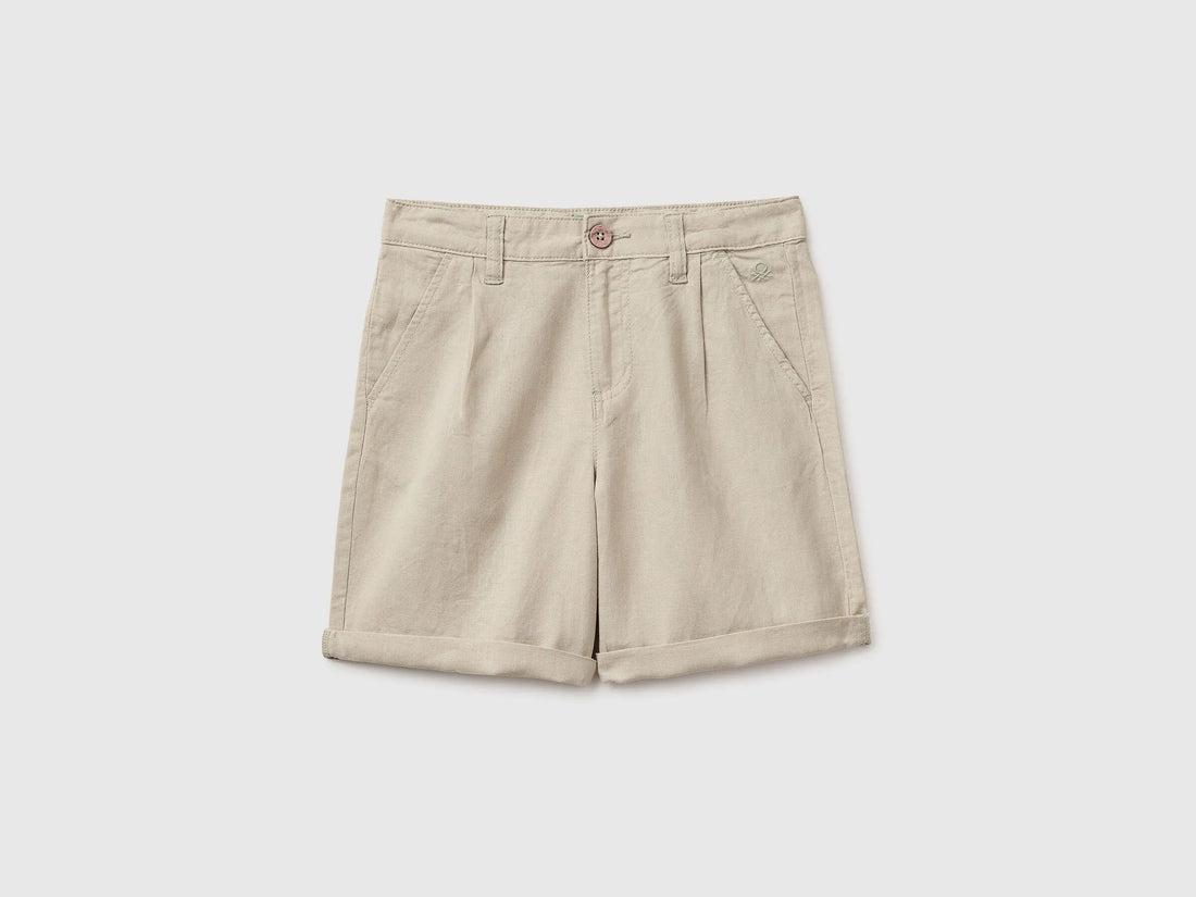 Benetton Beige Boys Linen Blend Shorts SKU: 43WBC904I_152 Image 01