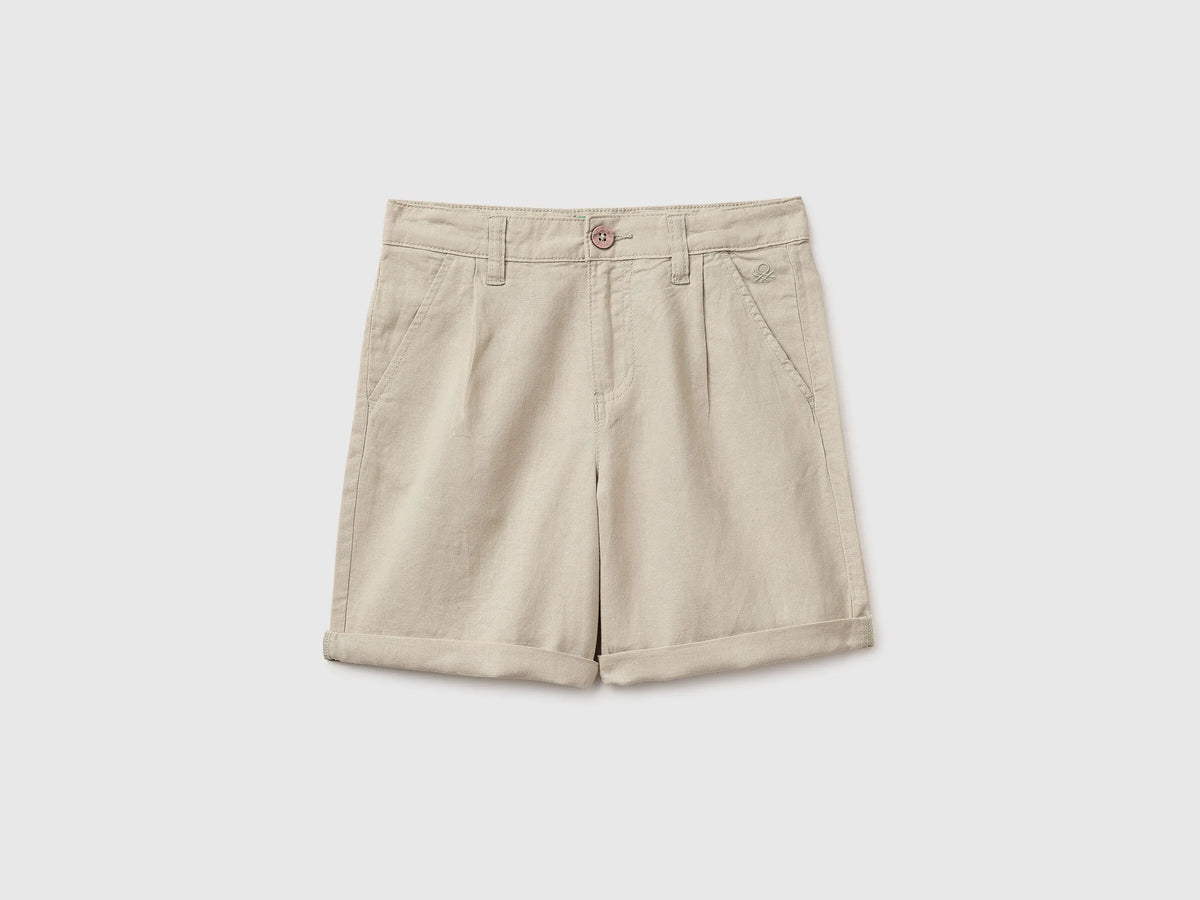 Benetton Beige Boys Linen Blend Shorts SKU: 43WBC904I_152 Image 01
