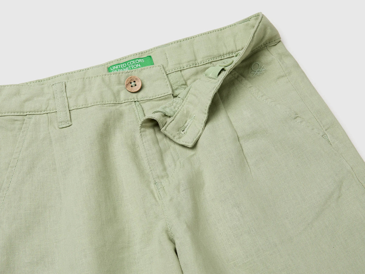 Benetton Light Green Boys Linen Blend Shorts SKU: 43WBC904I_218 Image 03