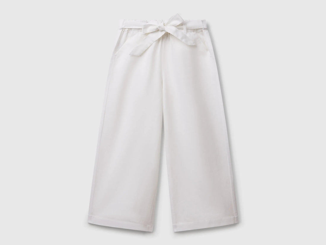 Benetton White Girls Linen Blend Trousers with Sash SKU: 43WBCF01W_101 Image 01