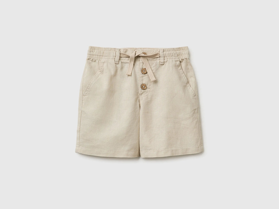 Benetton Beige Boys Linen Blend Shorts SKU: 43WBG9039_152 Image 01