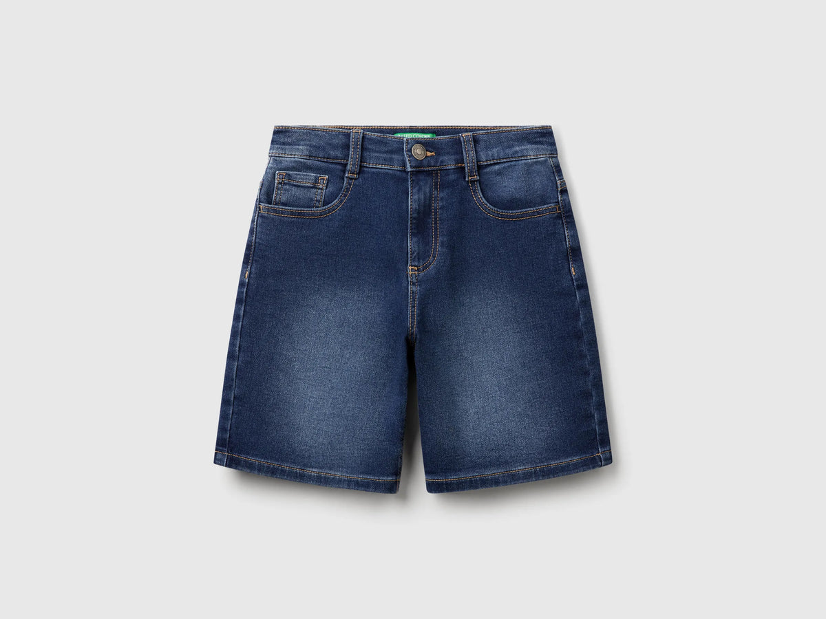 Benetton Dark Blue Boys Straight Bermuda Shorts in Stretch Denim SKU: 44LGC9048_901 Image 01
