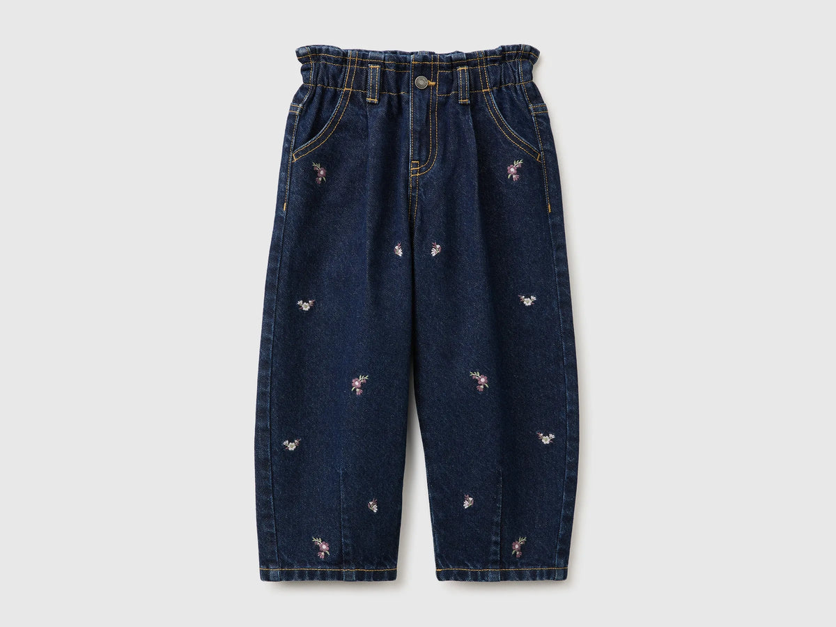 Benetton Blue Girls Balloon Fit Jeans with Embroidery SKU: 46WDGF03E_901 Image 01