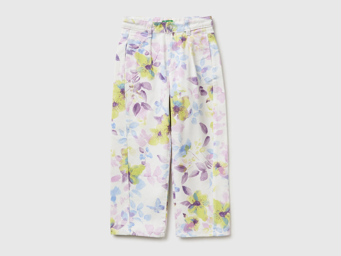 Benetton White Girls Baggy Fit Floral Trousers SKU: 47PPCF05S_67P Image 01