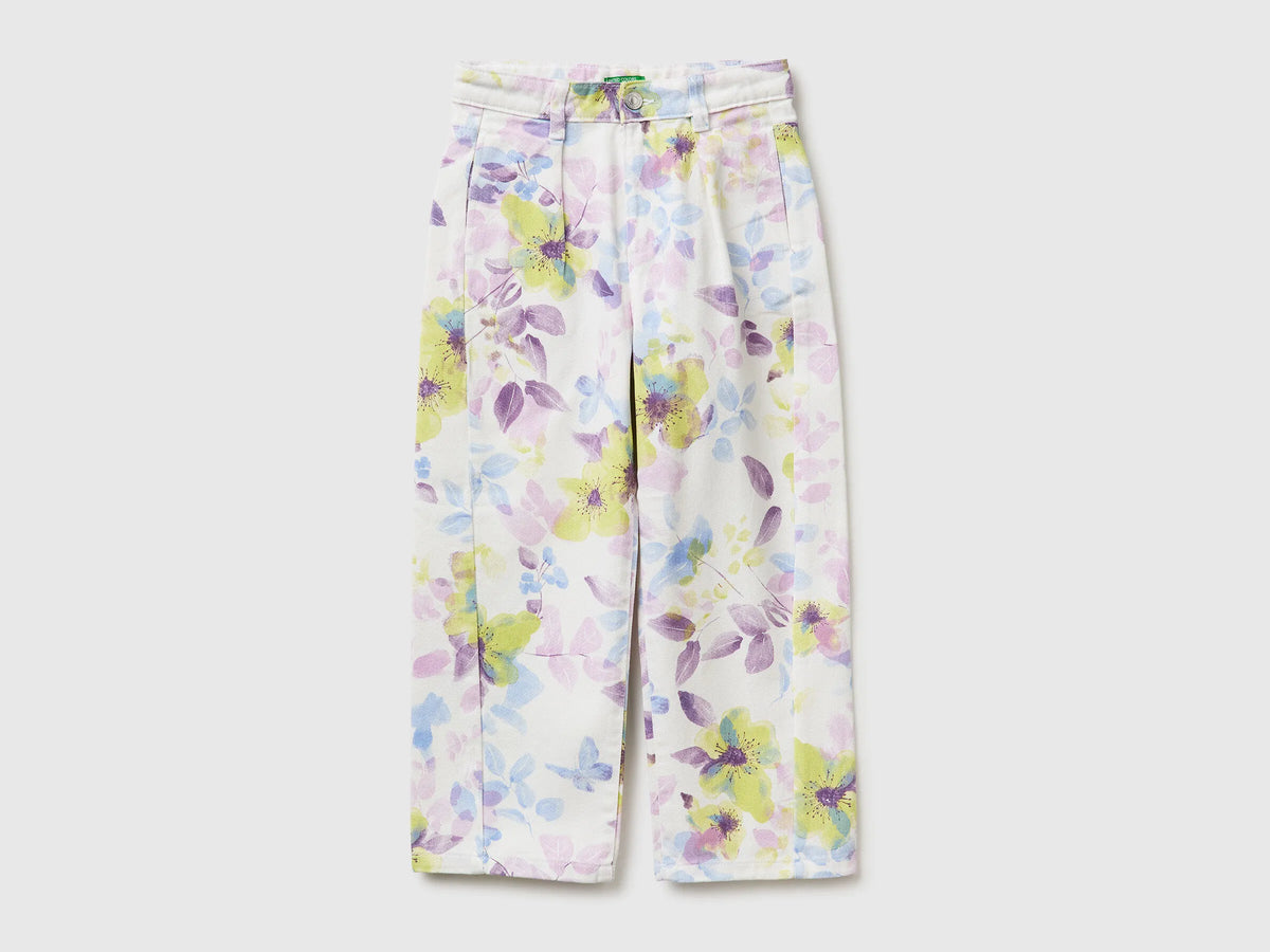 Benetton White Girls Baggy Fit Floral Trousers SKU: 47PPCF05S_67P Image 01