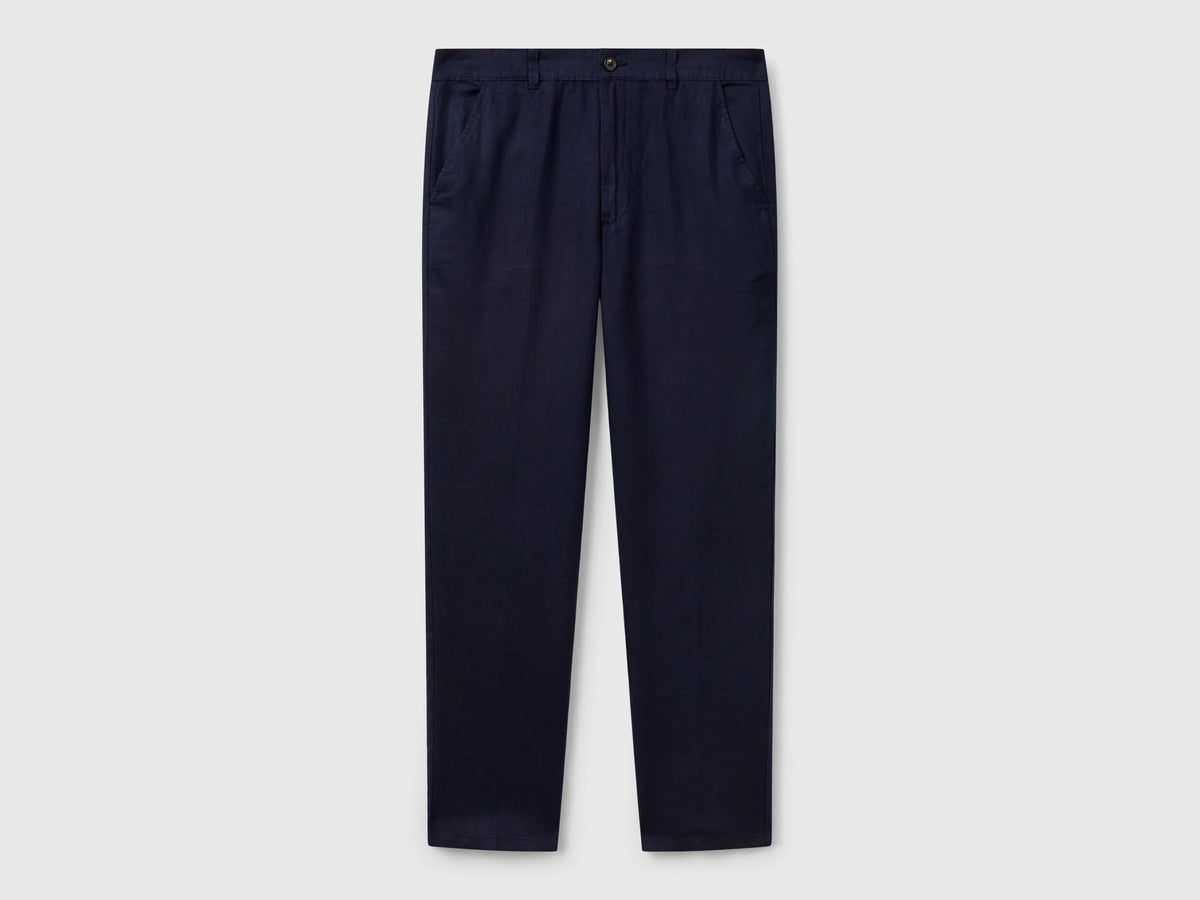 Benetton Dark Blue Men Chinos in Pure Linen SKU: 4AGH55HW8_016 Image 01