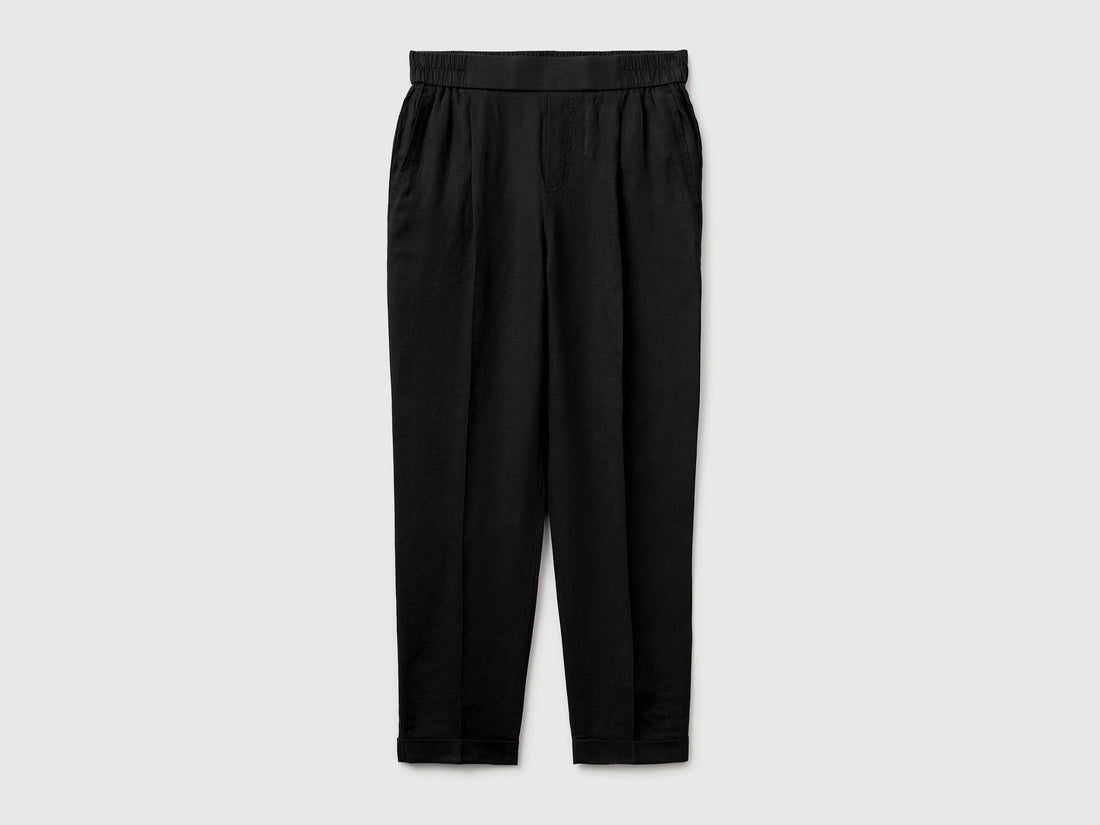 Benetton Black Women 100% Linen Cigarette Trousers SKU: 4AGHDF079_100 Image 01