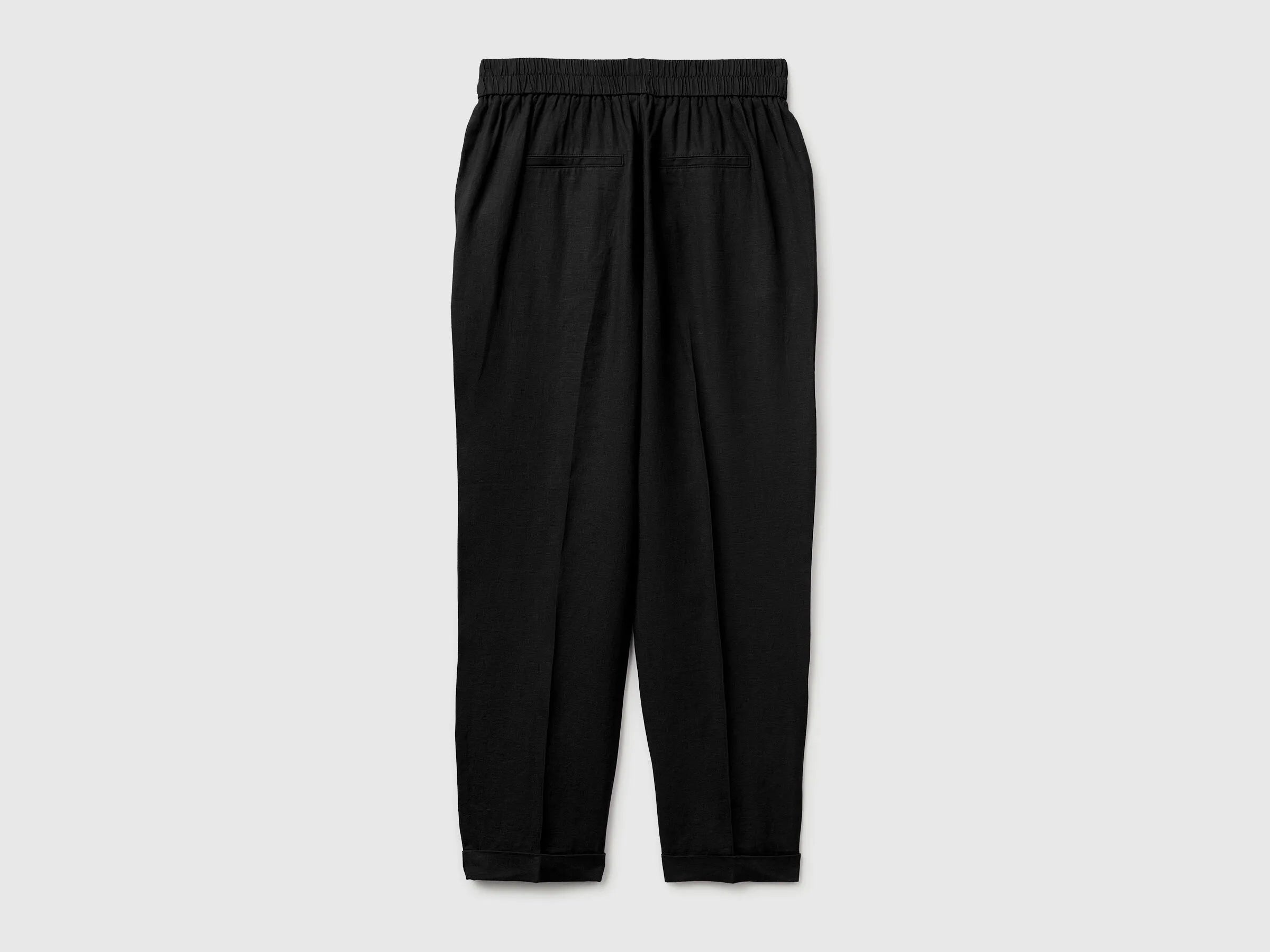 Benetton Black Women 100% Linen Cigarette Trousers SKU: 4AGHDF079_100 Image 02