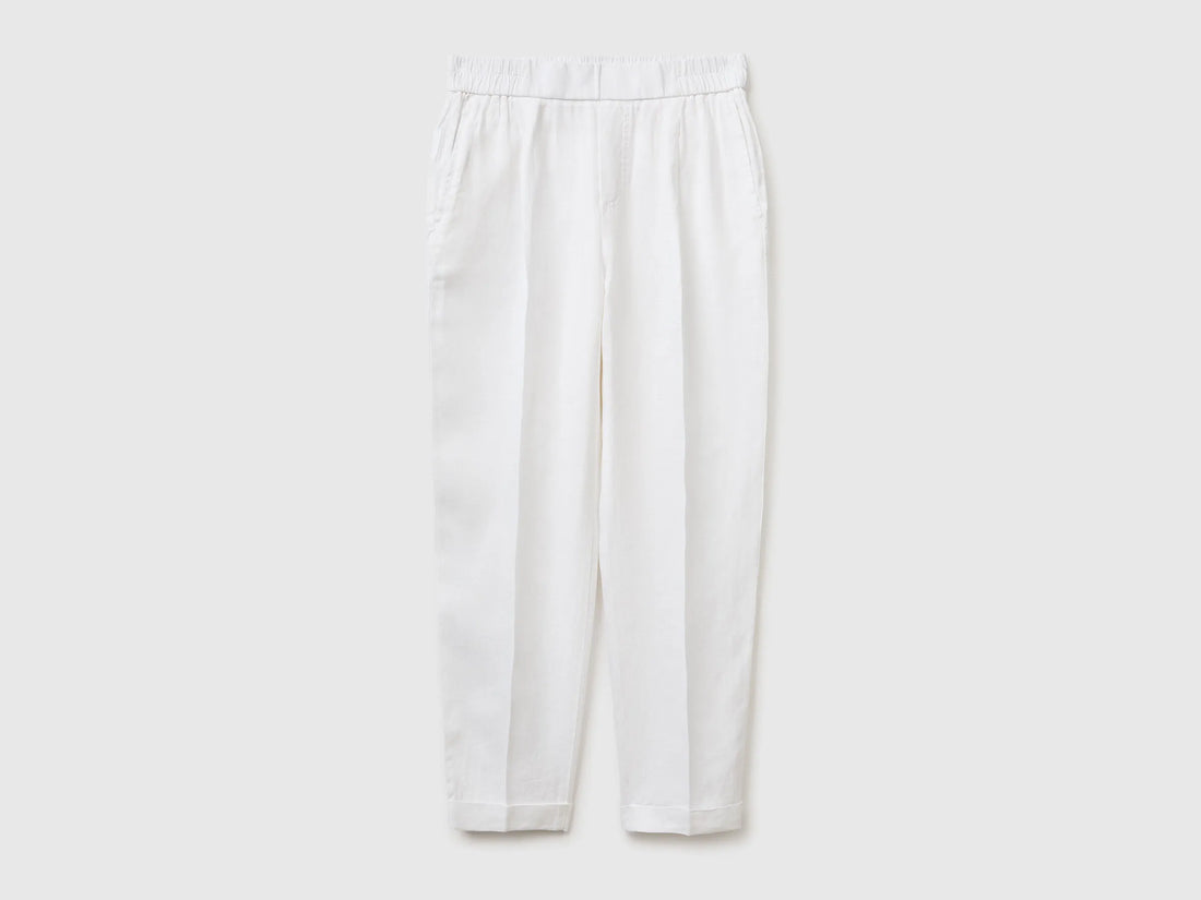 Benetton White Women 100% Linen Cigarette Trousers SKU: 4AGHDF079_101 Image 01