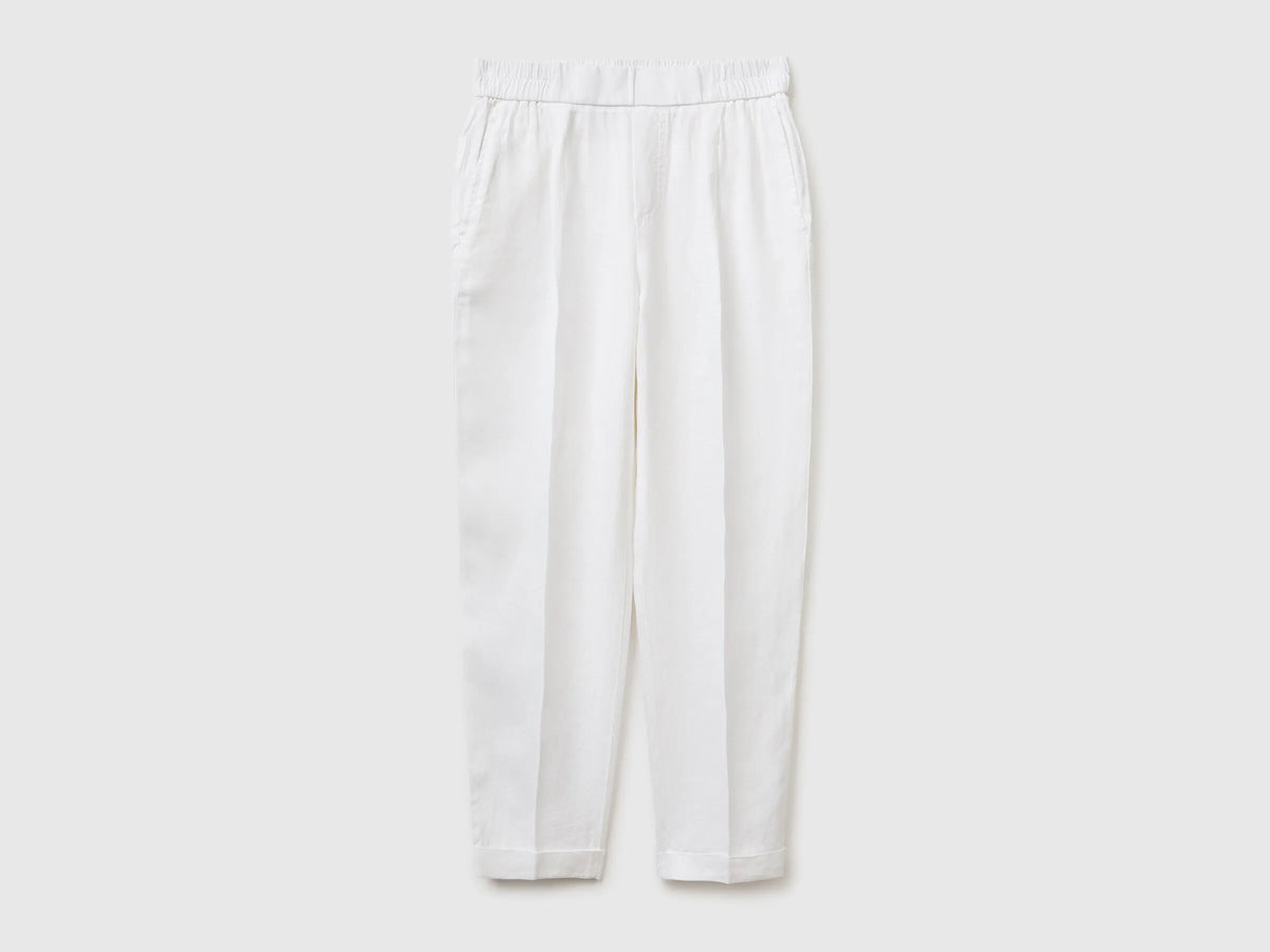 Benetton White Women 100% Linen Cigarette Trousers SKU: 4AGHDF079_101 Image 01