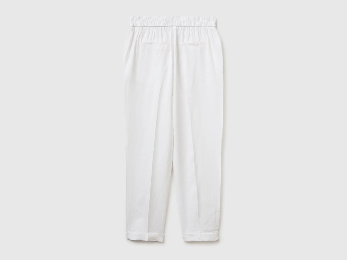 Benetton White Women 100% Linen Cigarette Trousers SKU: 4AGHDF079_101 Image 02