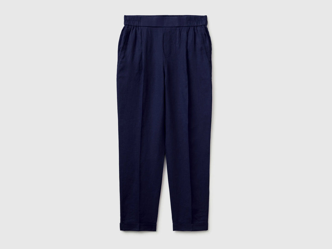 Benetton Dark Blue Women 100% Linen Cigarette Trousers SKU: 4AGHDF079_252 Image 01