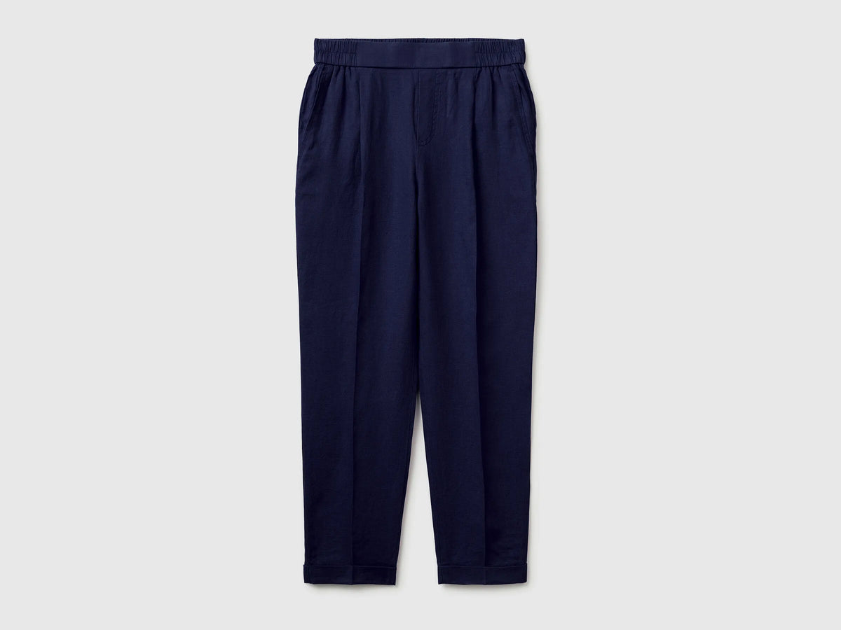 Benetton Dark Blue Women 100% Linen Cigarette Trousers SKU: 4AGHDF079_252 Image 01