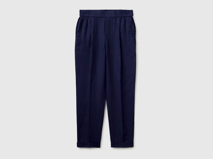 Benetton Dark Blue Women 100% Linen Cigarette Trousers SKU: 4AGHDF079_252 Image 01