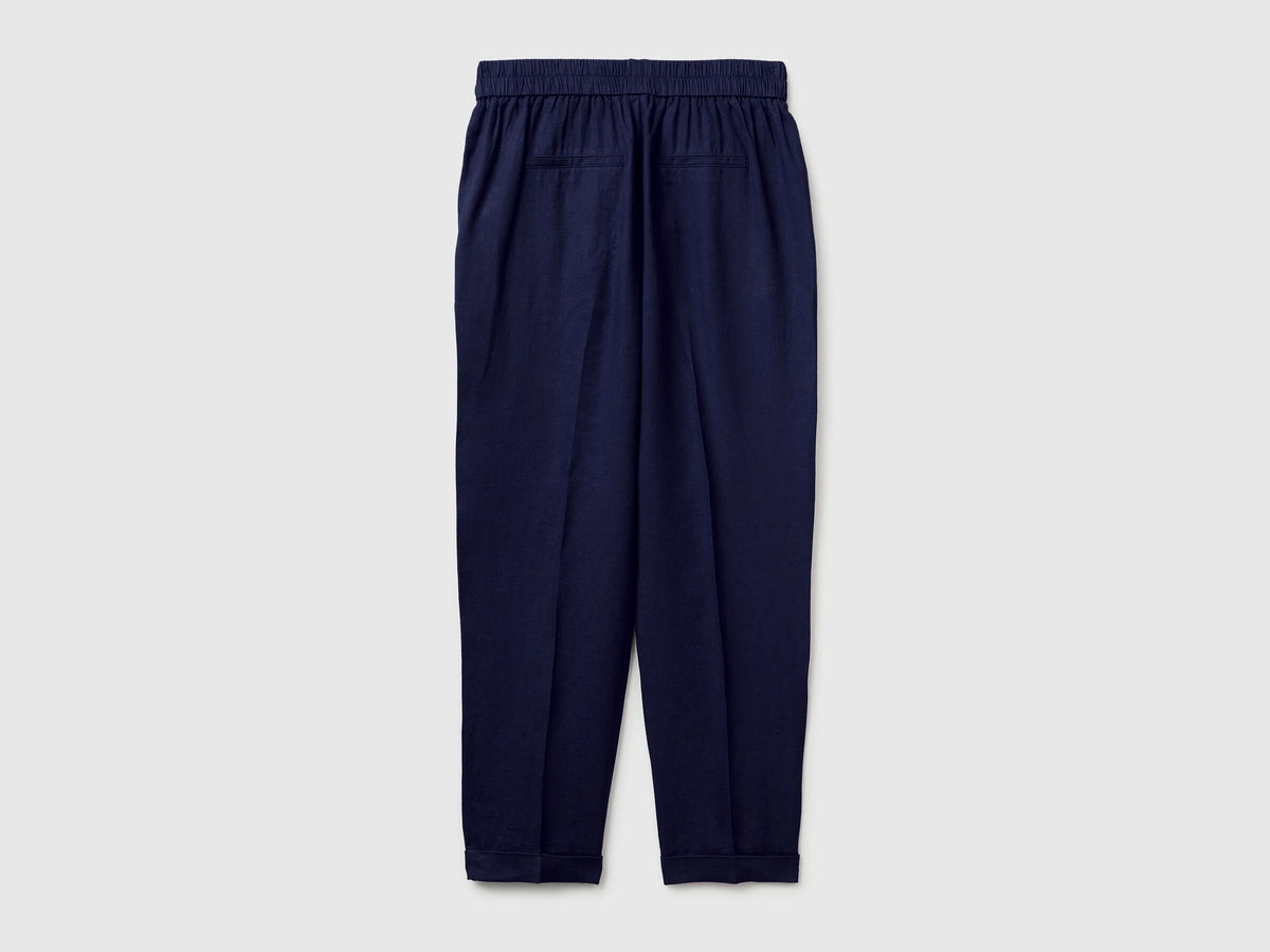 Benetton Dark Blue Women 100% Linen Cigarette Trousers SKU: 4AGHDF079_252 Image 02