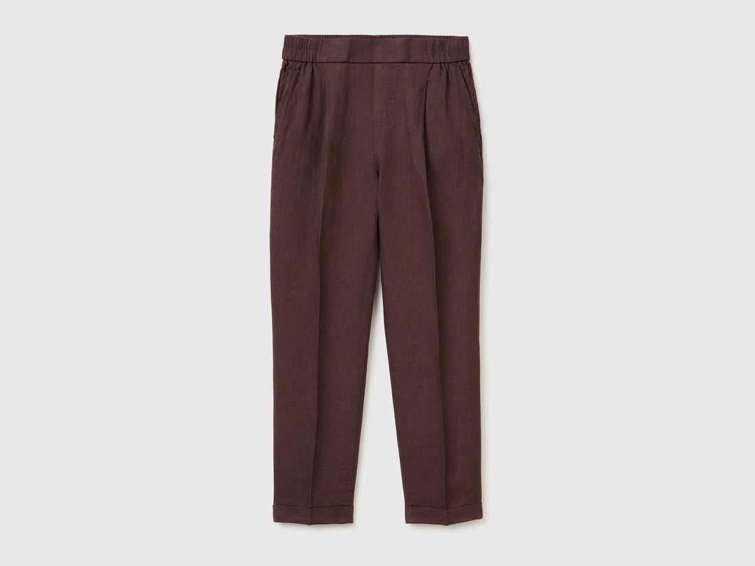 Benetton Brown Women 100% Linen Cigarette Trousers SKU: 4AGHDF079_33T Image 01