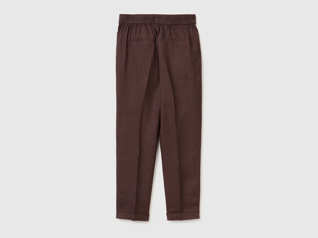 Benetton Brown Women 100% Linen Cigarette Trousers SKU: 4AGHDF079_33T Image 02