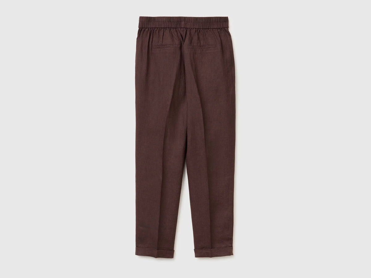 Benetton Brown Women 100% Linen Cigarette Trousers SKU: 4AGHDF079_33T Image 02
