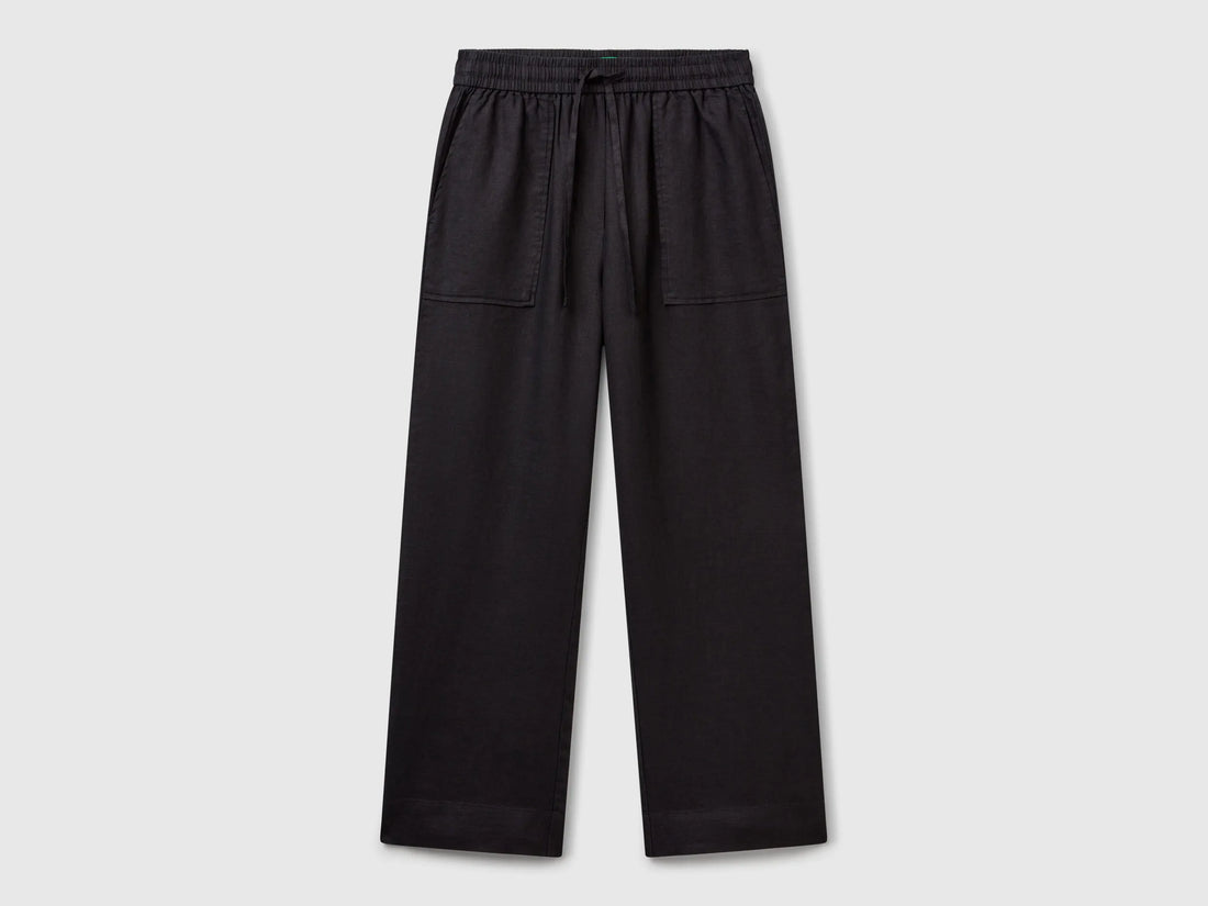 Benetton Black Women Trousers in Pure Linen with Elastic SKU: 4AGHDF08J_100 Image 01