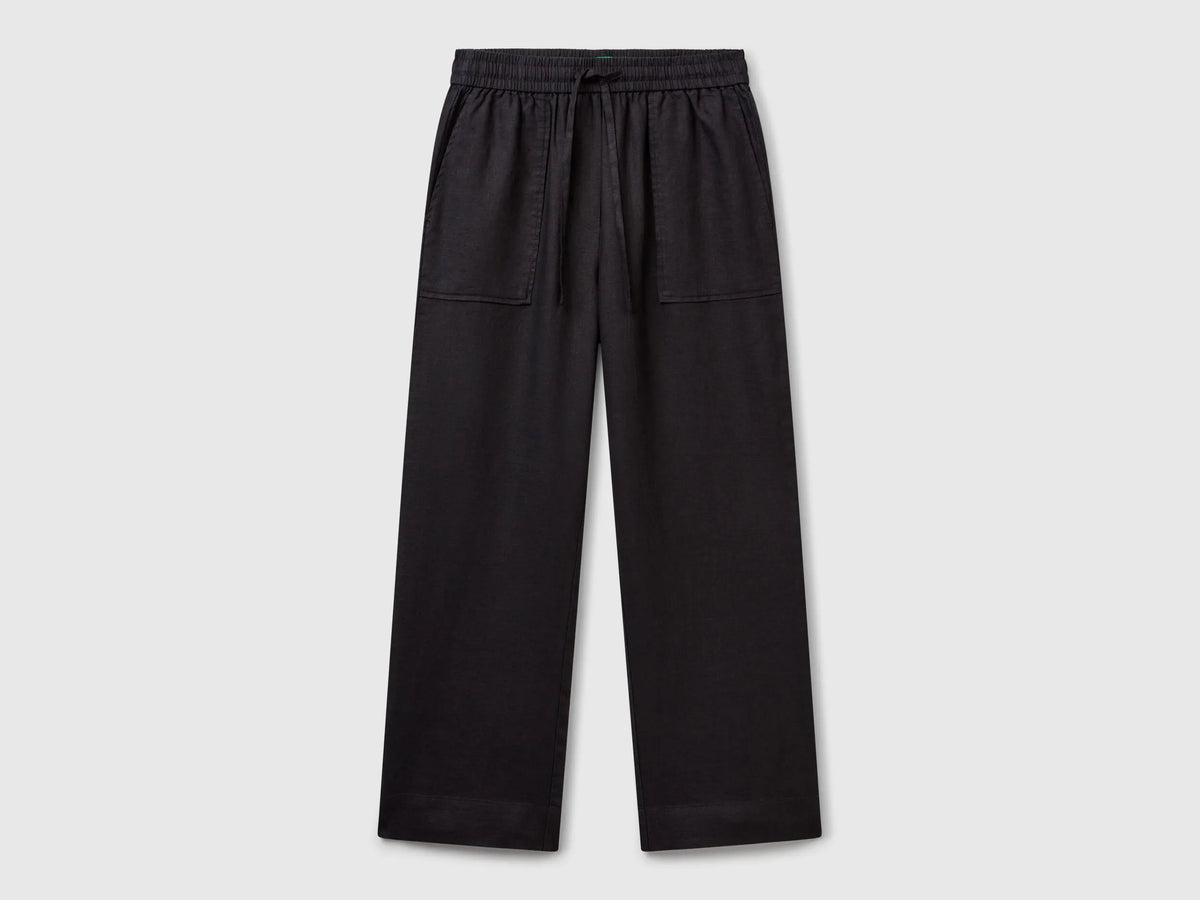Benetton Black Women Trousers in Pure Linen with Elastic SKU: 4AGHDF08J_100 Image 01