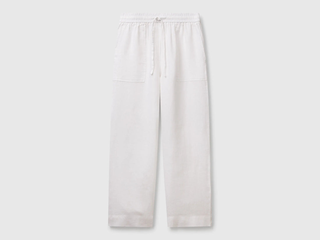 Benetton White Women Trousers in Pure Linen with Elastic SKU: 4AGHDF08J_101 Image 01