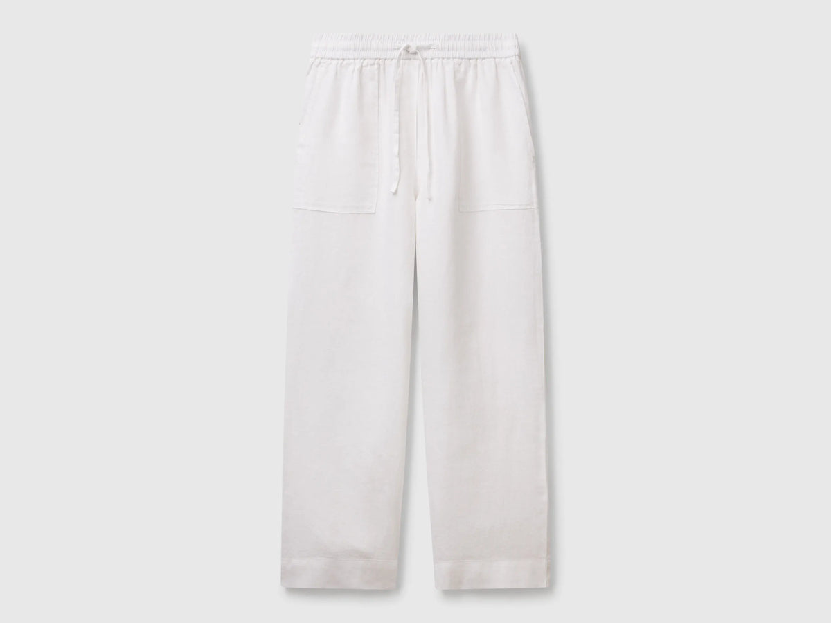 Benetton White Women Trousers in Pure Linen with Elastic SKU: 4AGHDF08J_101 Image 01